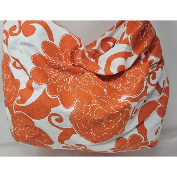 Saks Fifth Avenue Orange White Floral Fabric Shoulder Bag Slouch Hobo Lined - Picture 10 of 12